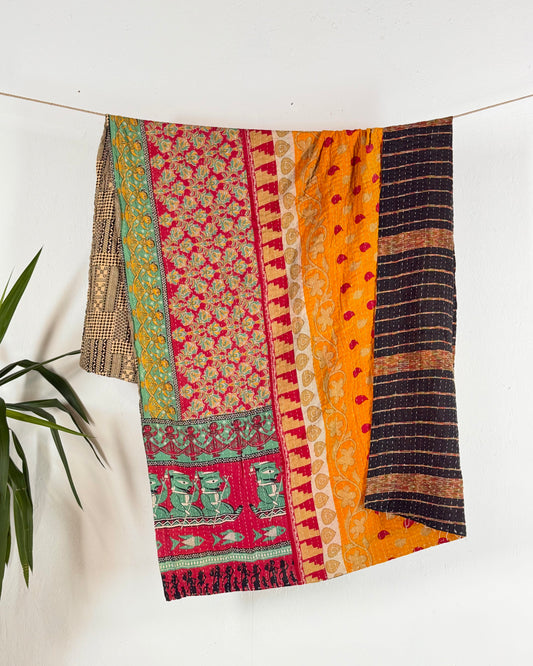 Vintage Sari Cotton Kantha Quilt In Orange and Black 22