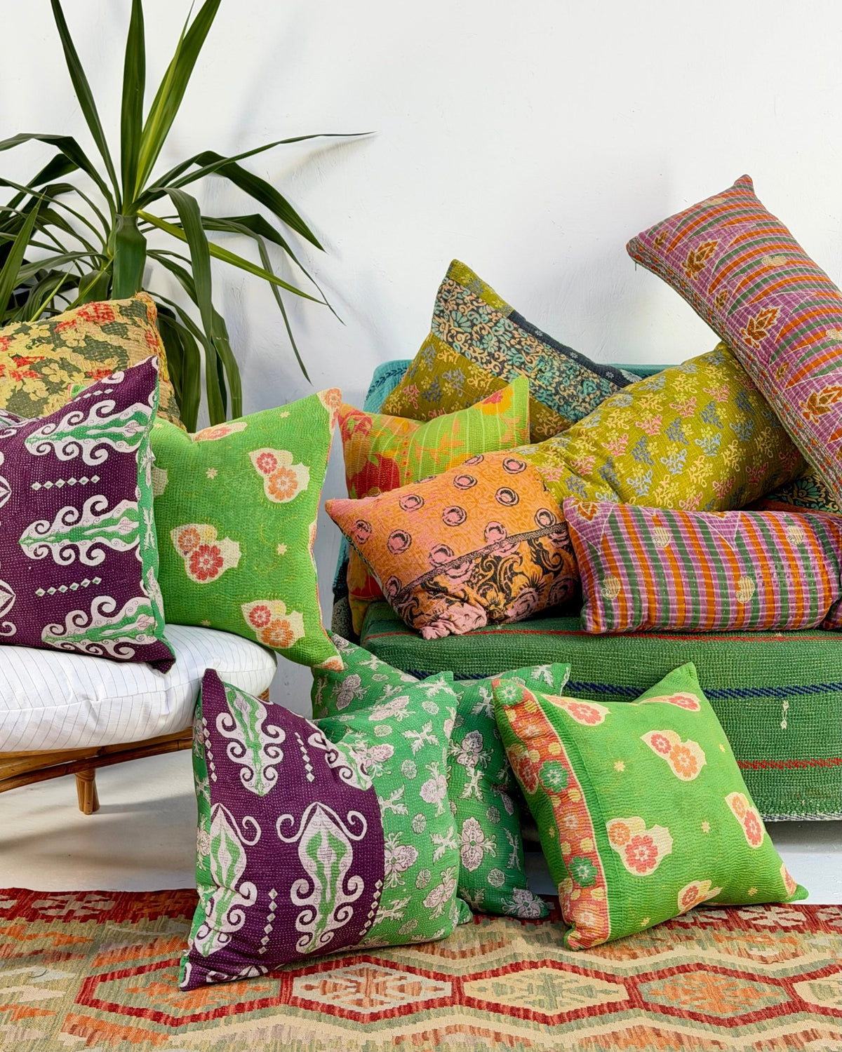Vintage Kantha Cushion In Textured Green and Pink- Large Rectangular - Biggs & Hill