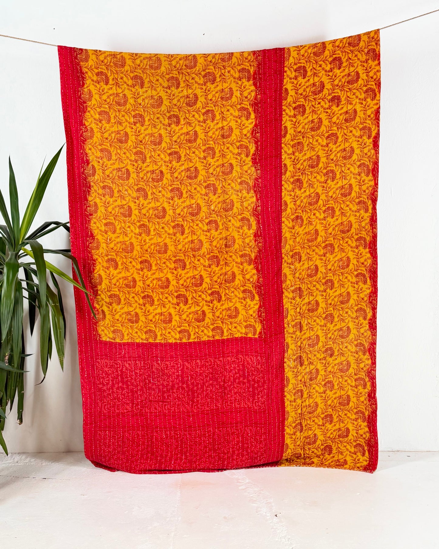 Vintage Sari Cotton Kantha Quilt In Orange and Pink 23