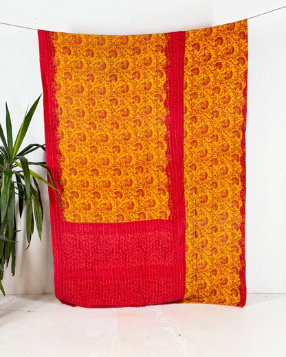Vintage Sari Cotton Kantha Quilt In Orange and Pink 23