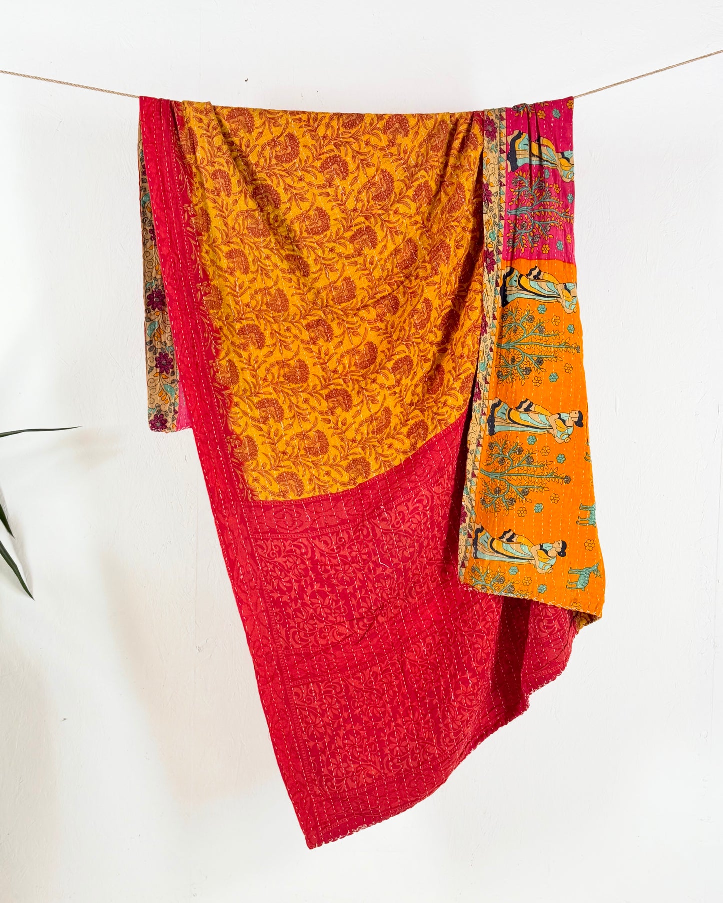 Vintage Sari Cotton Kantha Quilt In Orange and Pink 23