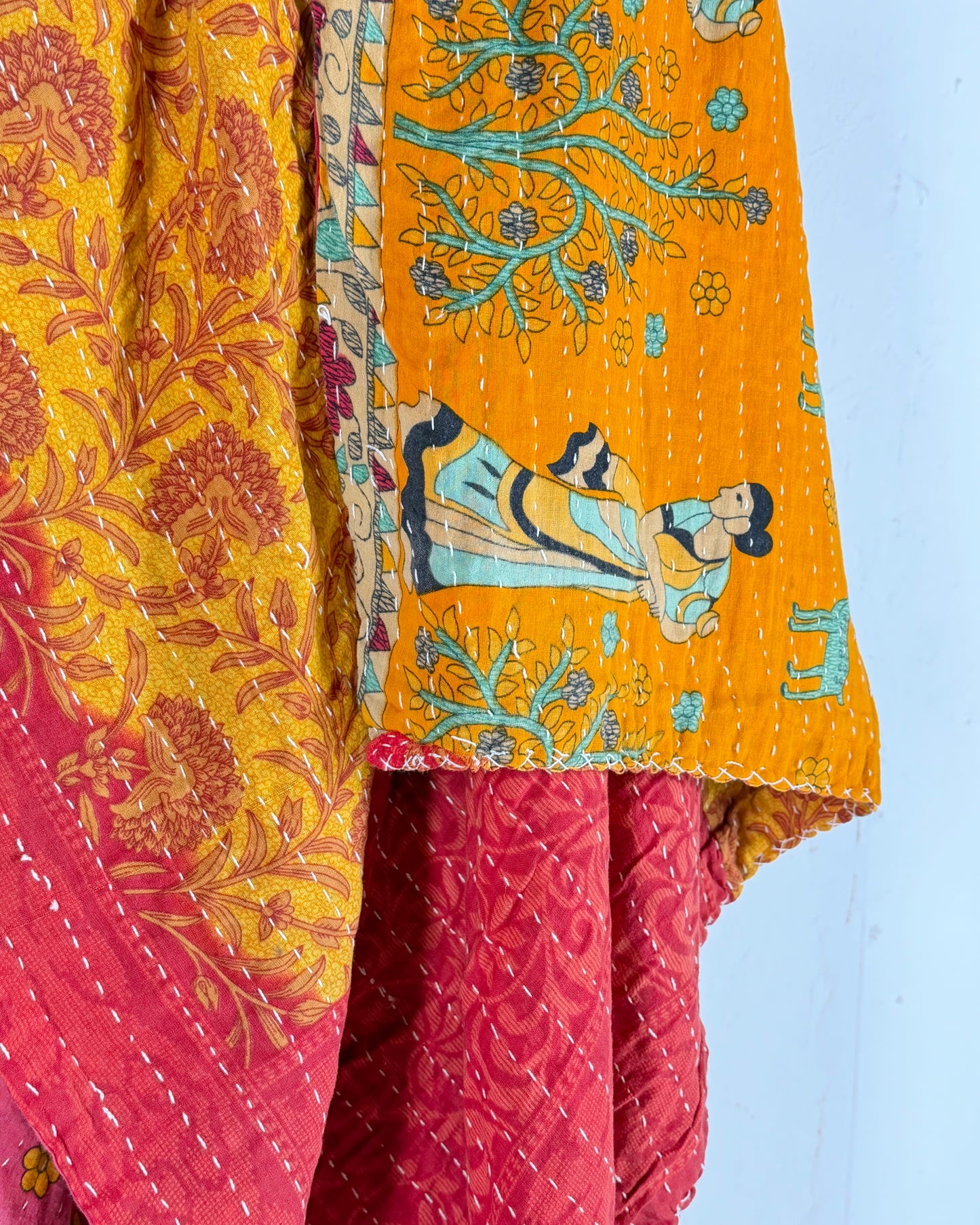 Vintage Sari Cotton Kantha Quilt In Orange and Pink 23