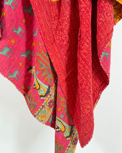 Vintage Sari Cotton Kantha Quilt In Orange and Pink 23