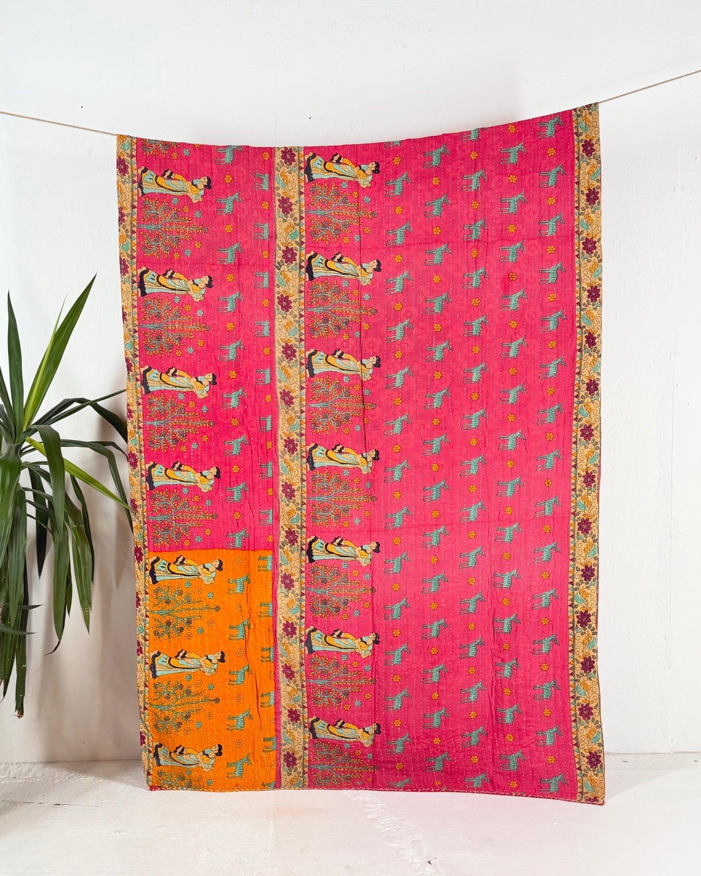 Vintage Sari Cotton Kantha Quilt In Orange and Pink 23