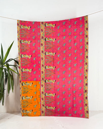 Vintage Sari Cotton Kantha Quilt In Orange and Pink 23