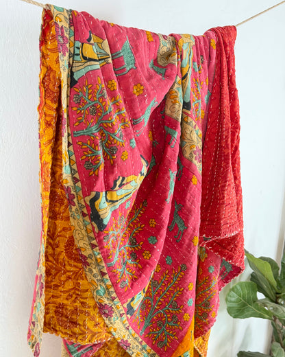 Vintage Sari Cotton Kantha Quilt In Orange and Pink 23