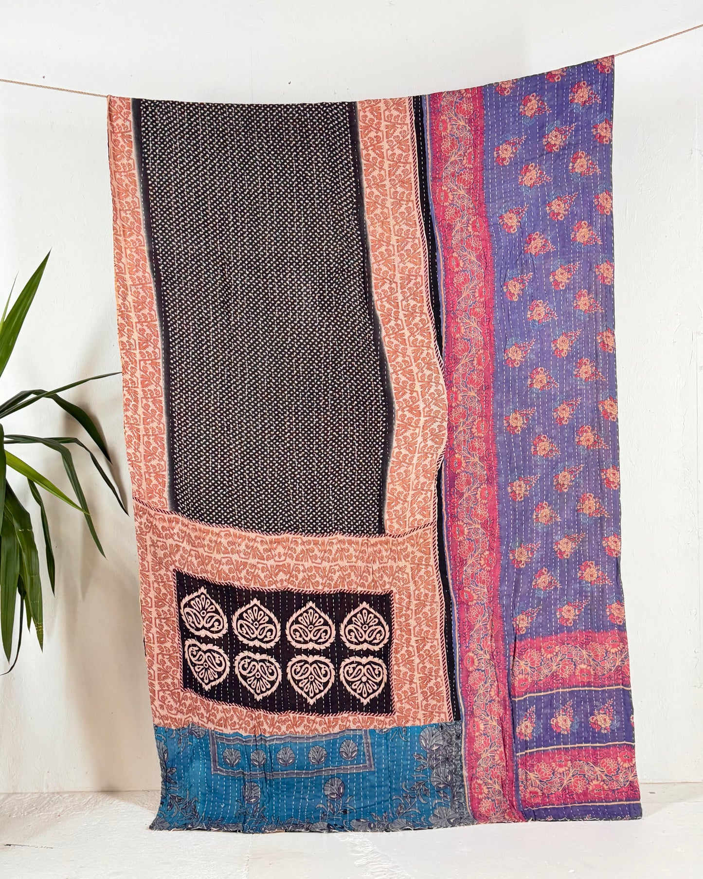 Vintage Sari Cotton Kantha Quilt In Black and Blue 24