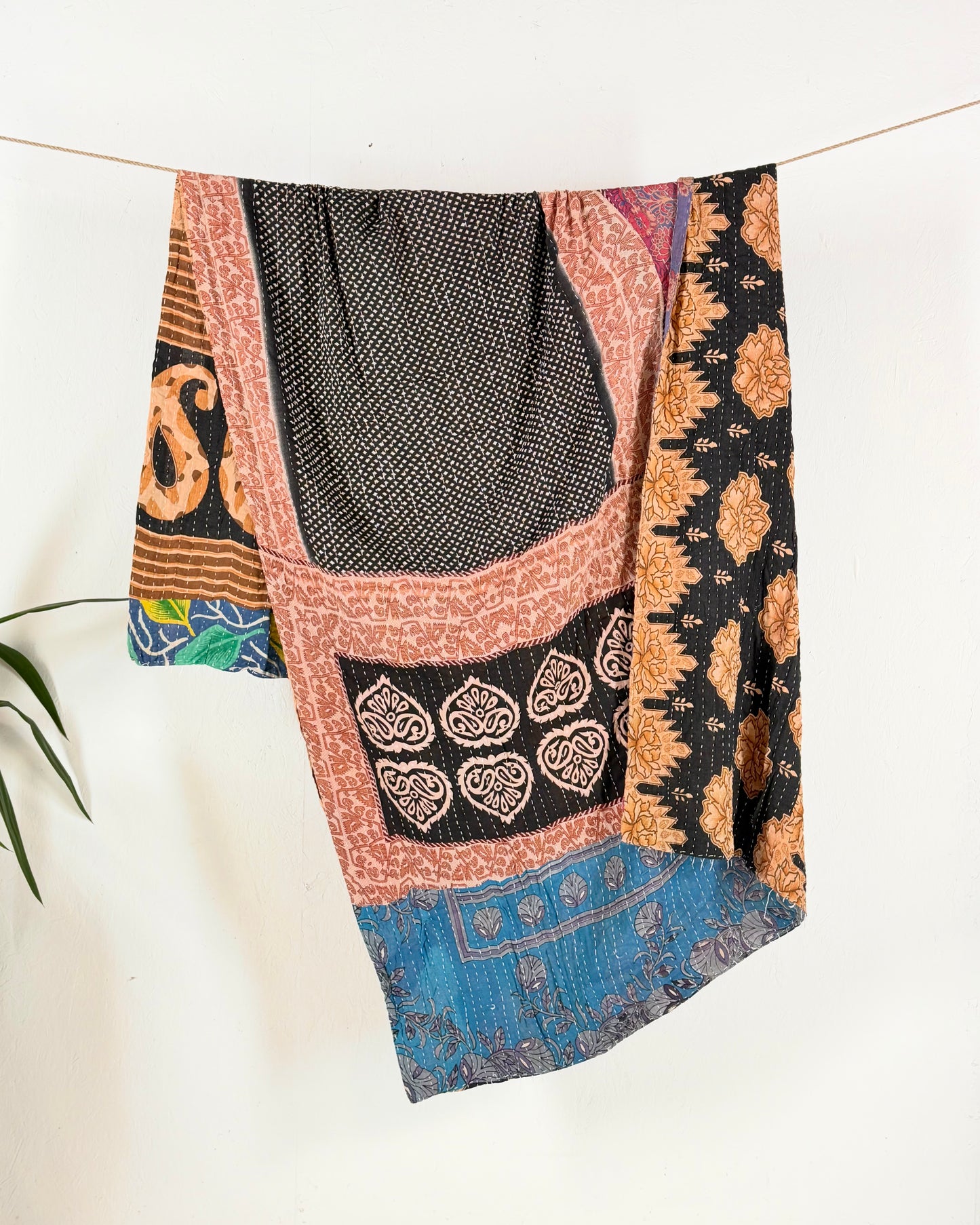 Vintage Sari Cotton Kantha Quilt In Black and Blue 24