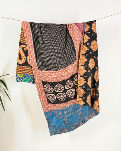 Vintage Sari Cotton Kantha Quilt In Black and Blue 24