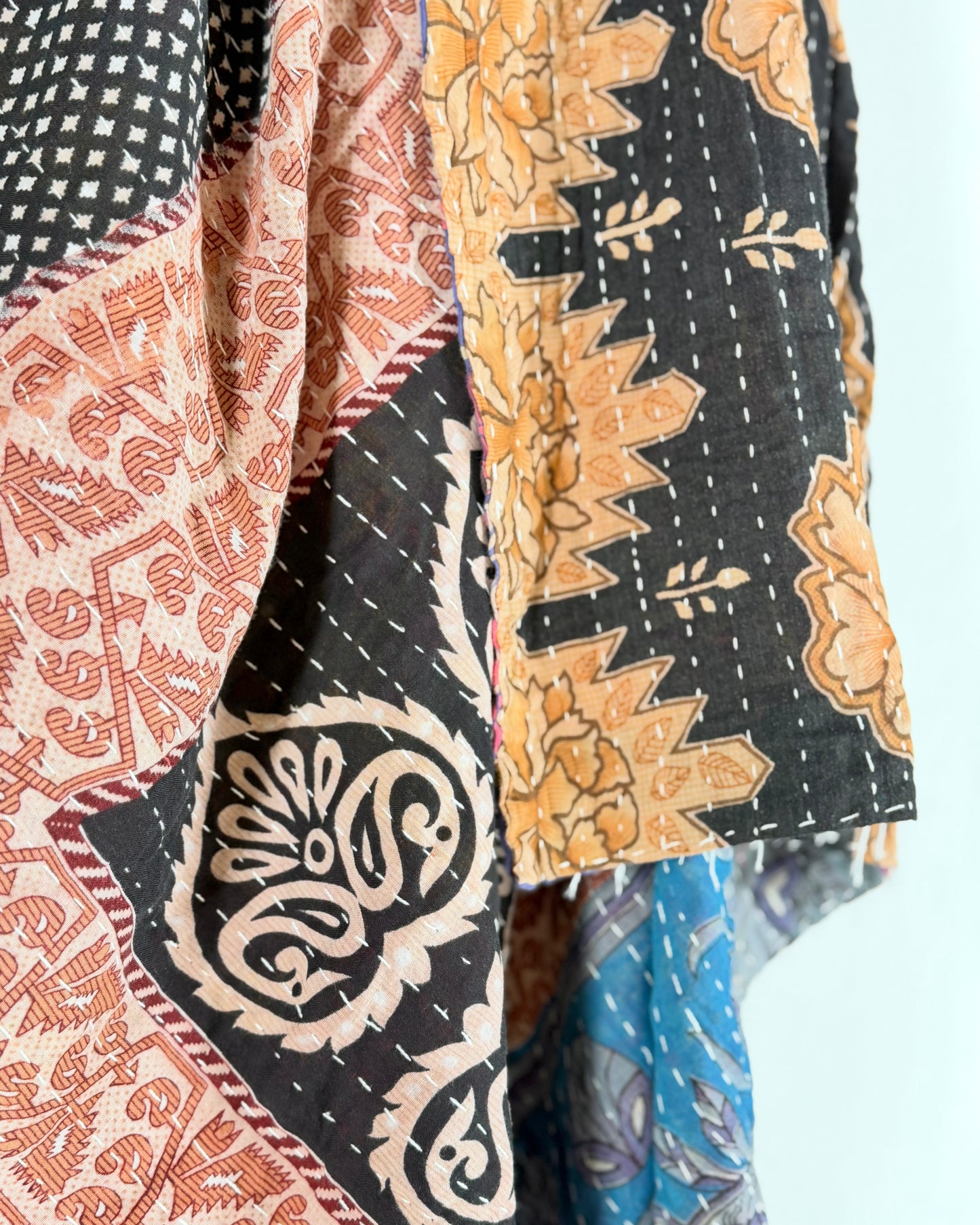 Vintage Sari Cotton Kantha Quilt In Black and Blue 24