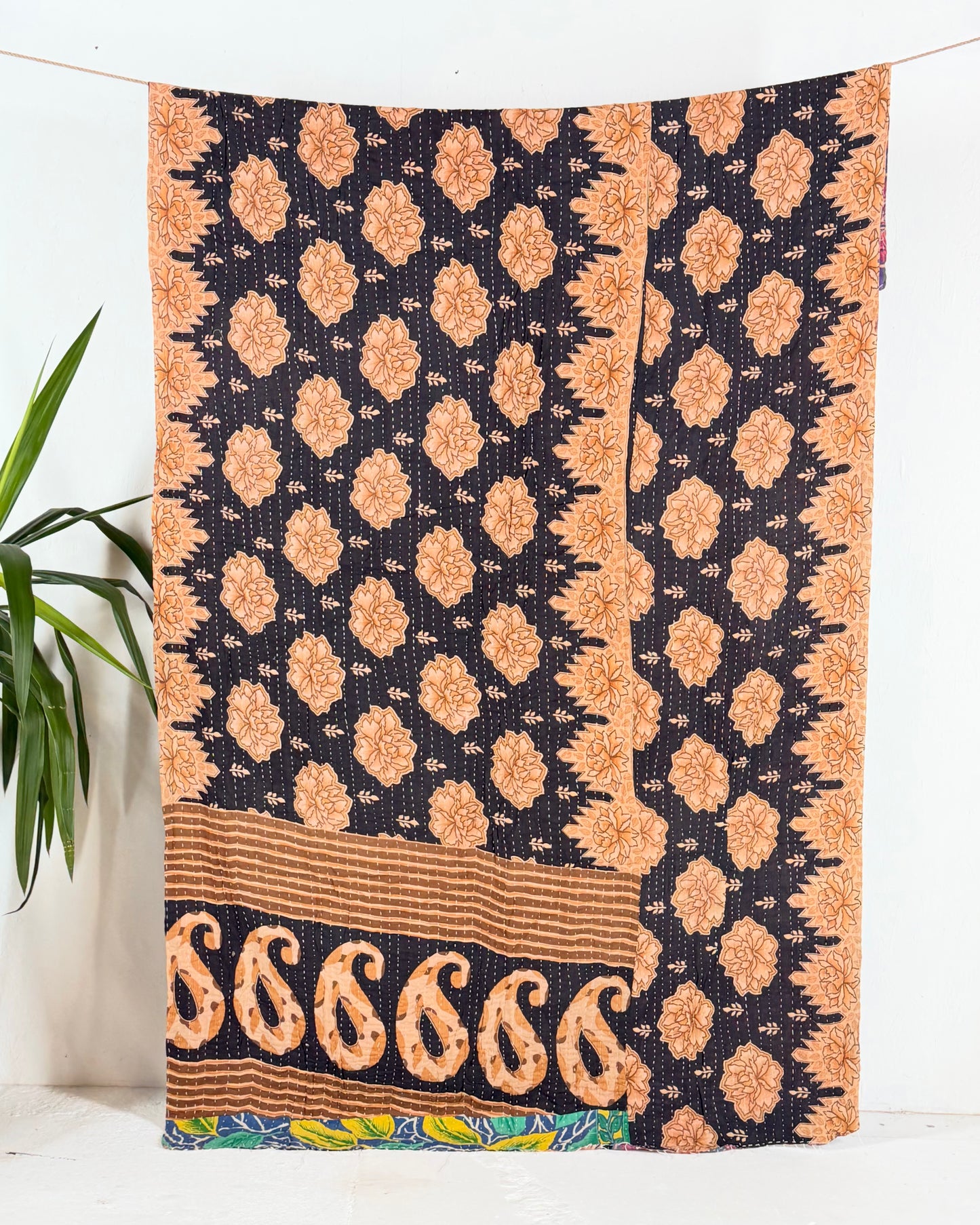 Vintage Sari Cotton Kantha Quilt In Black and Blue 24