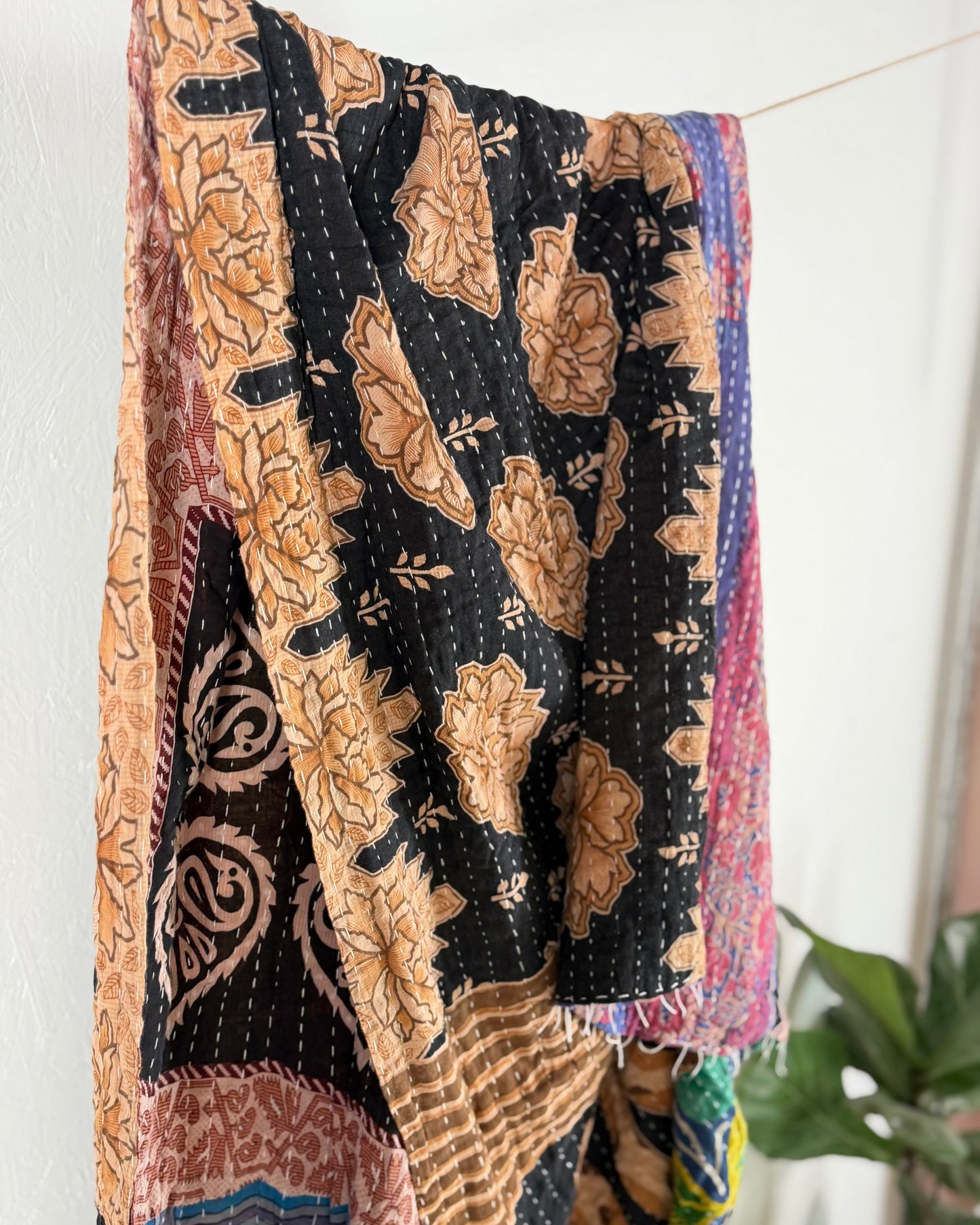Vintage Sari Cotton Kantha Quilt In Black and Blue 24