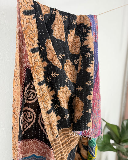 Vintage Sari Cotton Kantha Quilt In Black and Blue 24