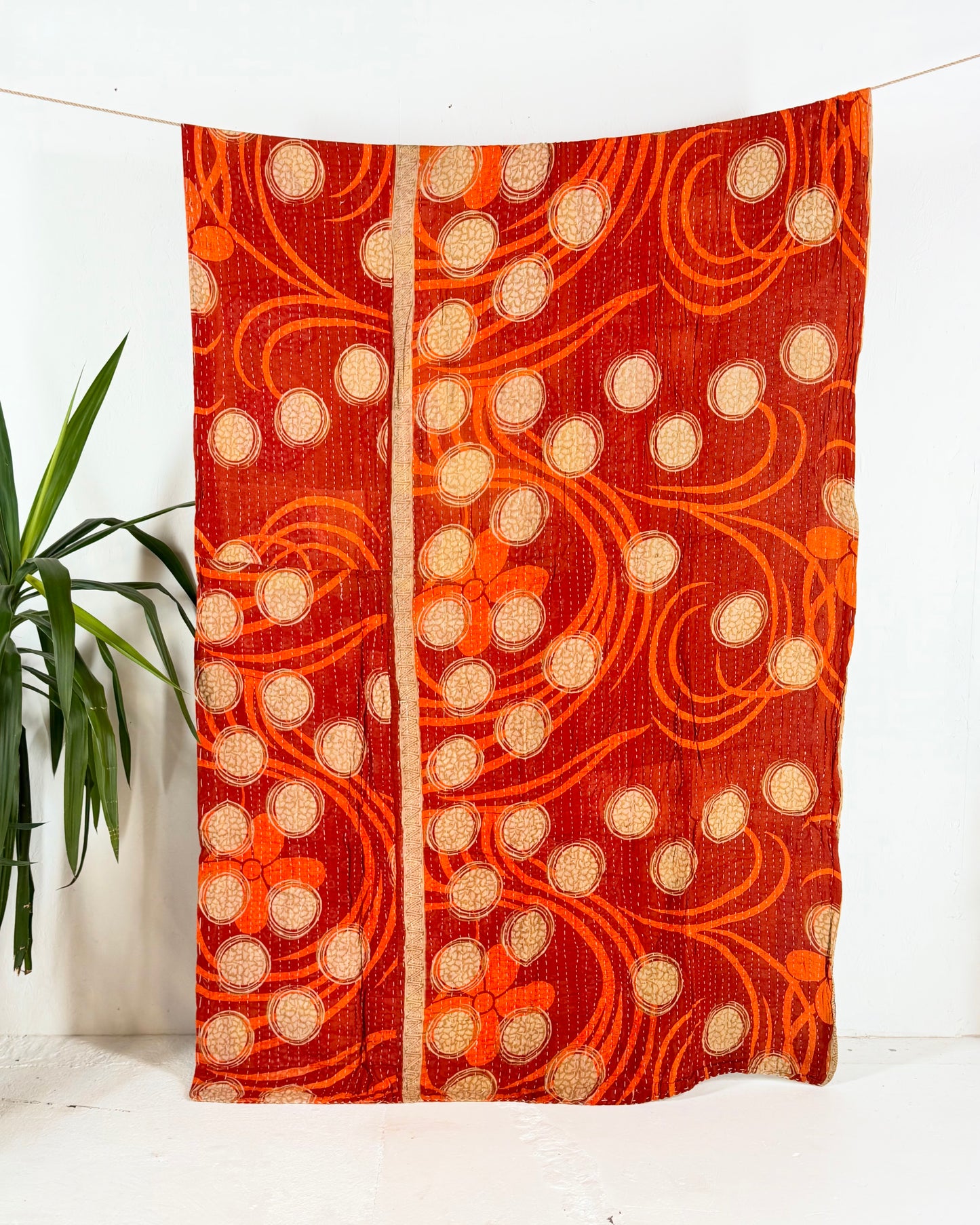 Vintage Sari Cotton Kantha Quilt In Orange and Blue 25