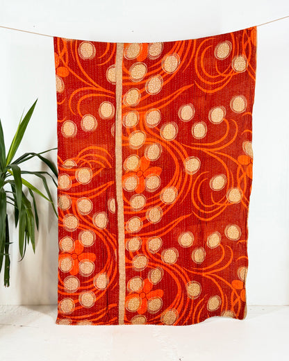 Vintage Sari Cotton Kantha Quilt In Orange and Blue 25