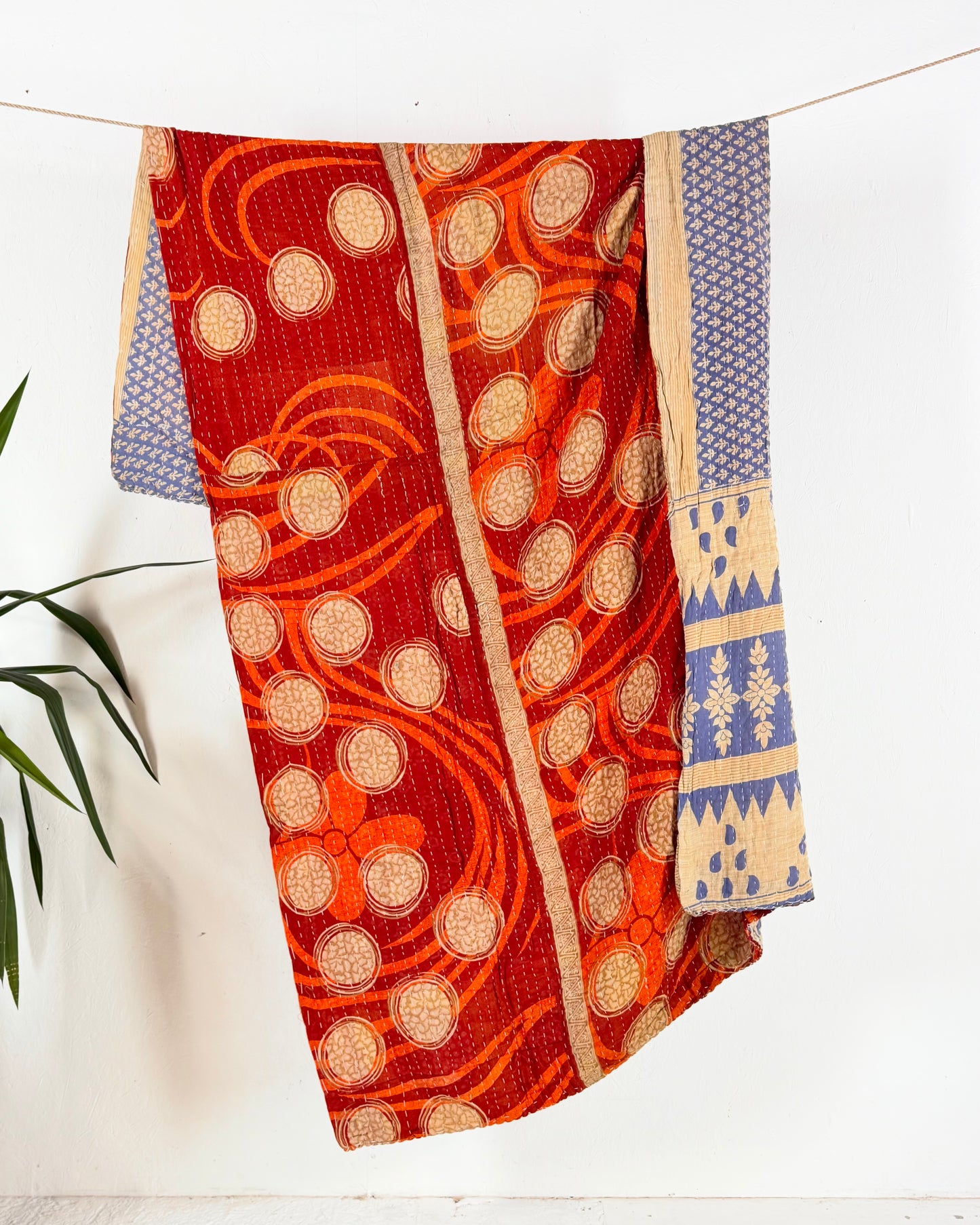 Vintage Sari Cotton Kantha Quilt In Orange and Blue 25