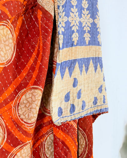 Vintage Sari Cotton Kantha Quilt In Orange and Blue 25
