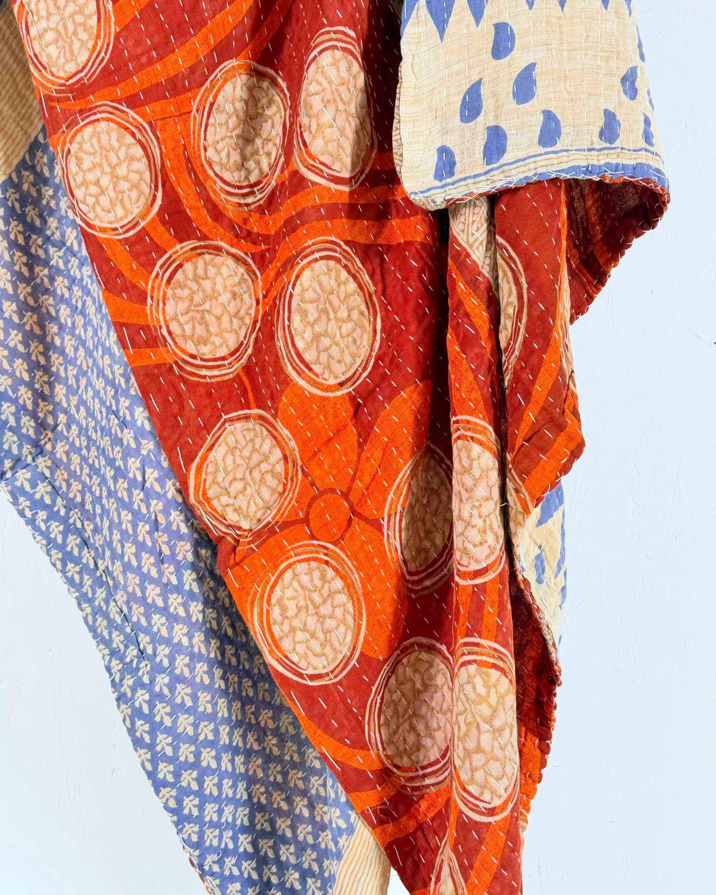 Vintage Sari Cotton Kantha Quilt In Orange and Blue 25