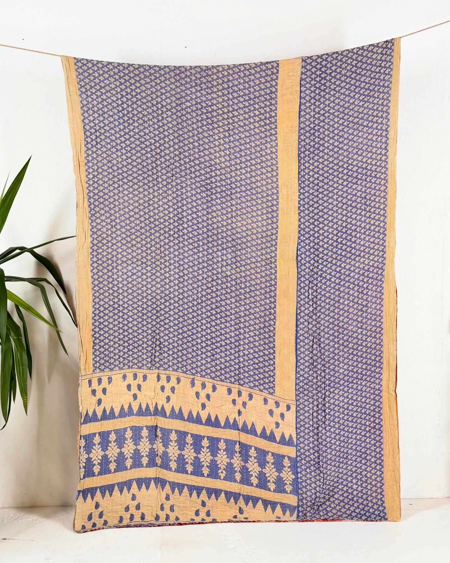 Vintage Sari Cotton Kantha Quilt In Orange and Blue 25