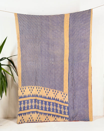 Vintage Sari Cotton Kantha Quilt In Orange and Blue 25