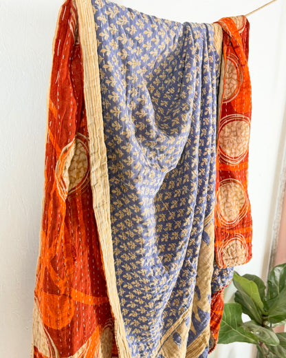 Vintage Sari Cotton Kantha Quilt In Orange and Blue 25