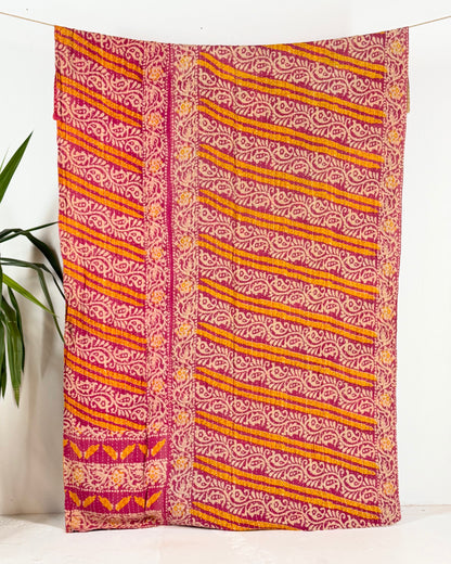 Vintage Sari Cotton Kantha Quilt In Pink and Black 27