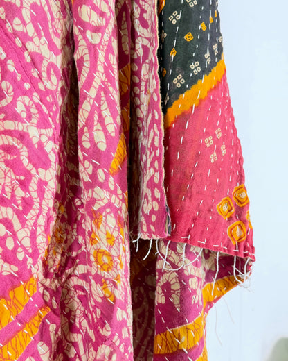 Vintage Sari Cotton Kantha Quilt In Pink and Black 27
