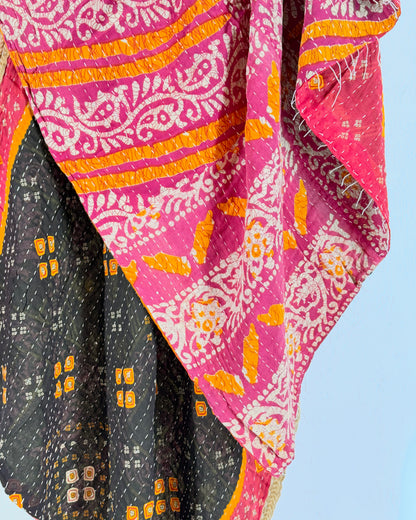 Vintage Sari Cotton Kantha Quilt In Pink and Black 27