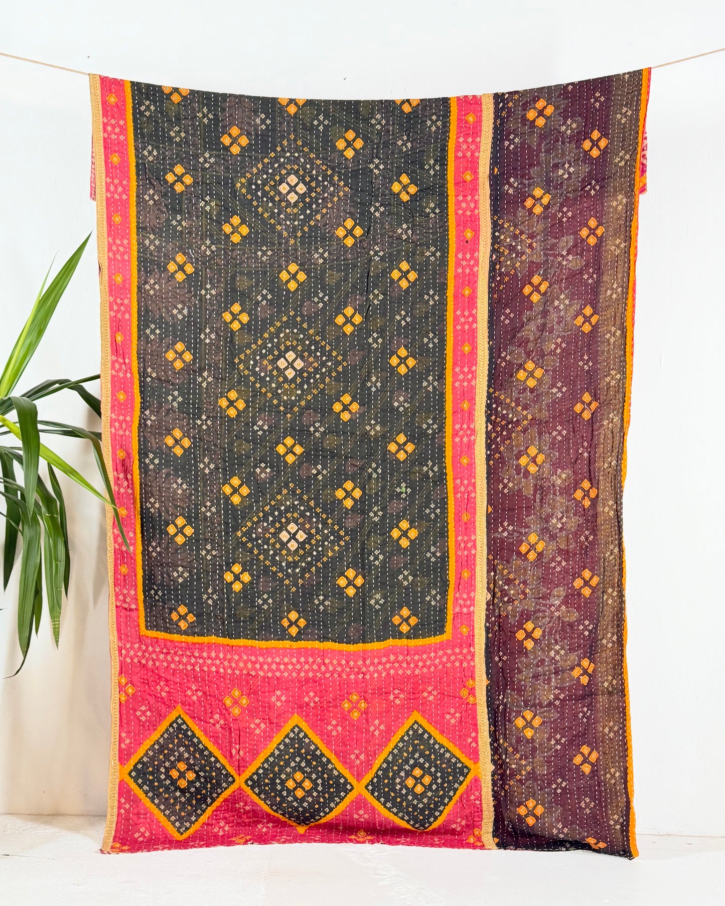 Vintage Sari Cotton Kantha Quilt In Pink and Black 27