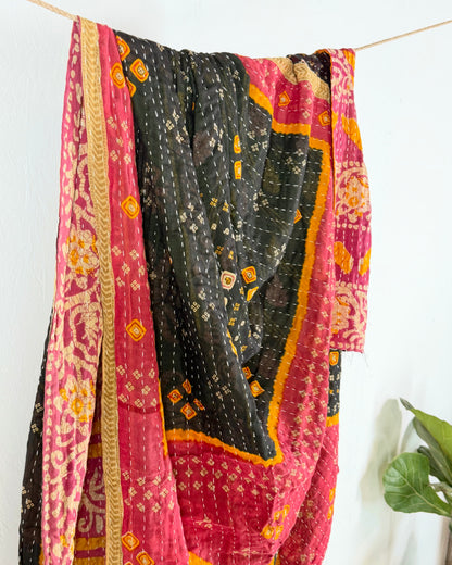 Vintage Sari Cotton Kantha Quilt In Pink and Black 27