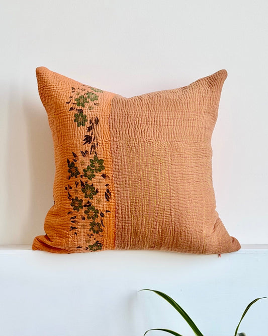Vintage Kantha Cushion In Orange and Brown Floral 04 - 50cm Square - Biggs & Hill