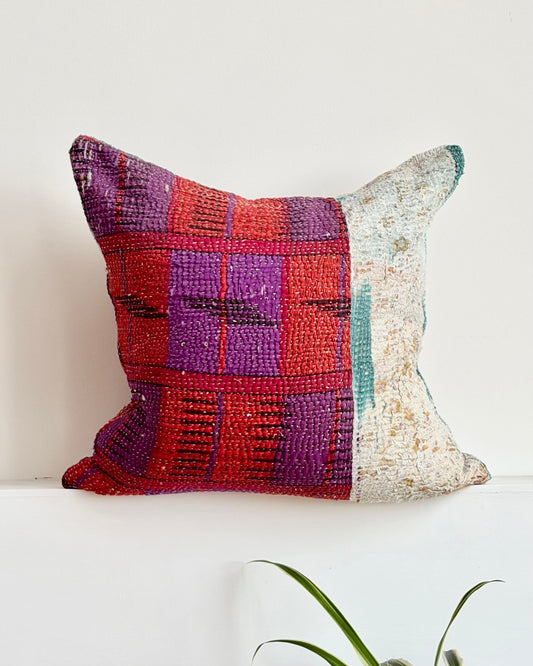Handmade Vintage Kantha Cushion In Purple and Blue 02 - 50cm Square - Biggs & Hill