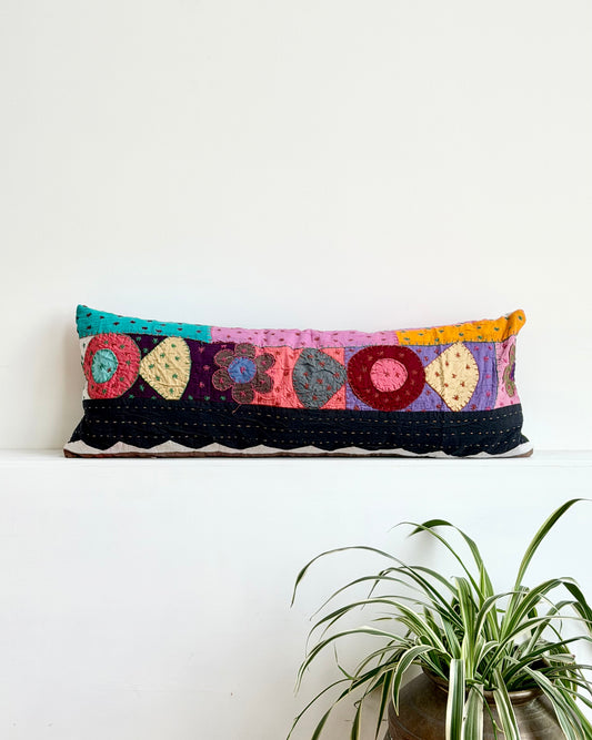 Reversible Patchwork Hand Stitched Bolster Cushion 01 - 80cm