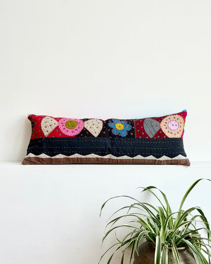 Reversible Patchwork Hand Stitched Bolster Cushion 01 - 80cm