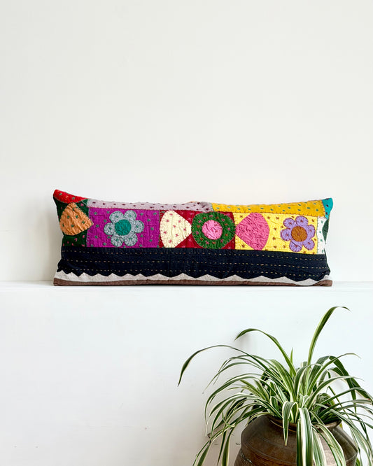 Reversible Patchwork Hand Stitched Bolster Cushion 02 - 80cm