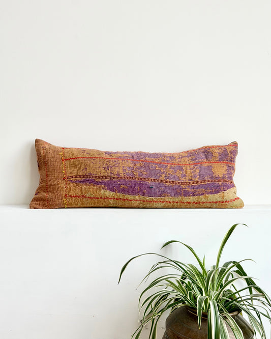 Vintage Kantha Bolster Cushion In Purple and Brown 01