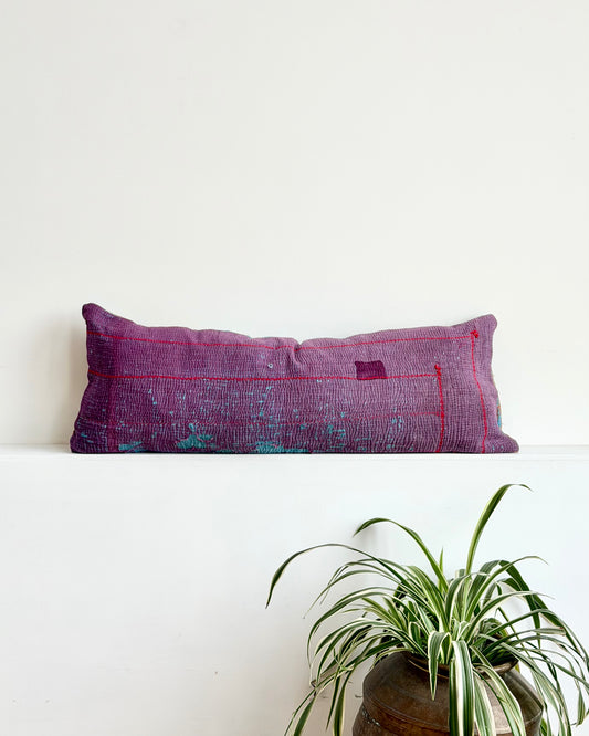 Vintage Kantha Bolster Cushion In Purple and Brown 02