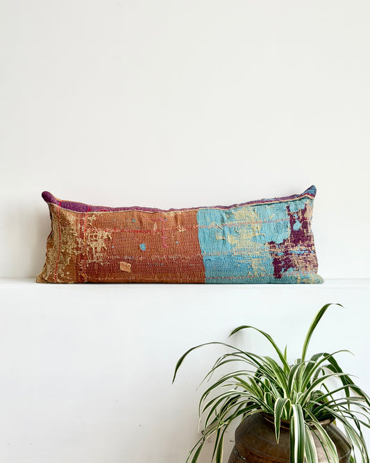 Vintage Kantha Bolster Cushion In Purple, Brown and Blue 03