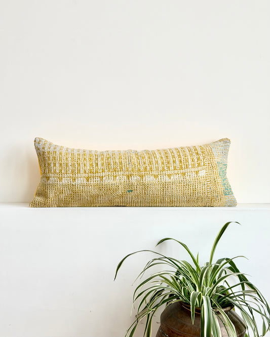 Vintage Kantha Bolster Cushion In Yellow 04