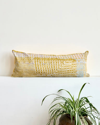 Vintage Kantha Bolster Cushion In Yellow 03