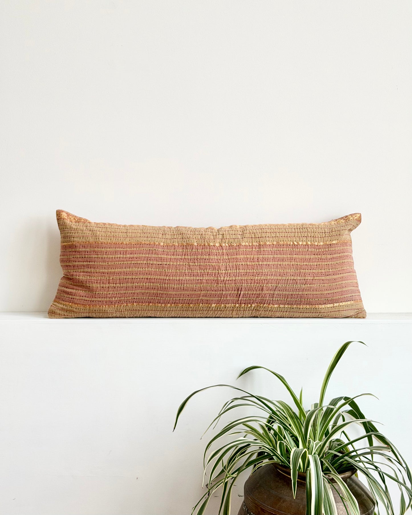 Vintage Kantha Bolster Cushion In Soft Pink and Gold