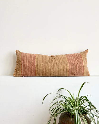 Vintage Kantha Bolster Cushion In Soft Pink and Gold