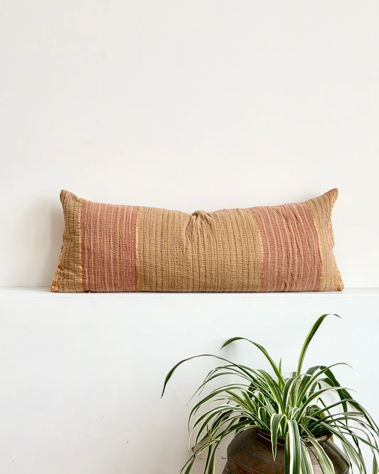 Vintage Kantha Bolster Cushion In Soft Pink and Gold