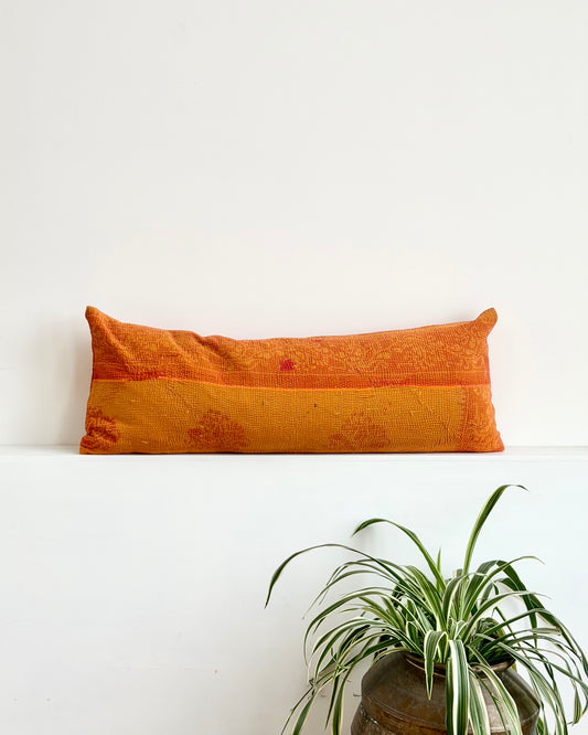 Vintage Kantha Bolster Cushion In Orange 02