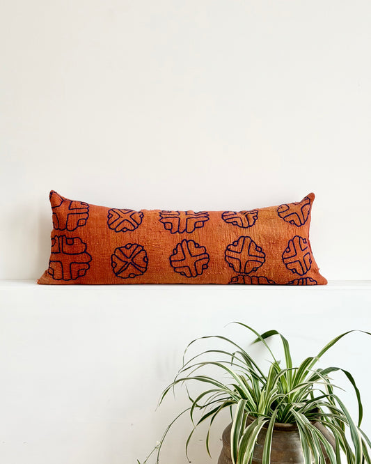 Vintage Kantha Bolster Cushion In Terracotta