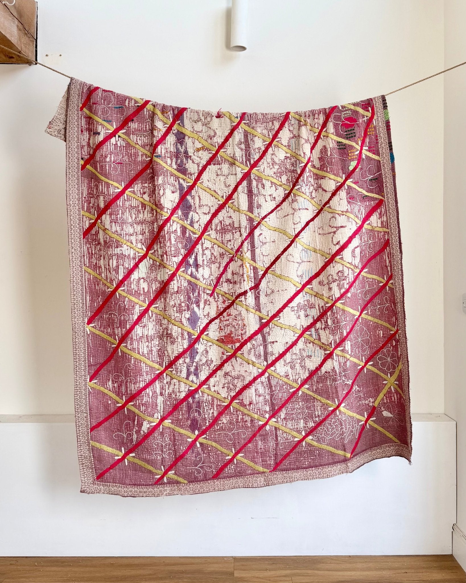 Embroidered Vintage Kantha Quilt in White and Pink - Biggs & Hill