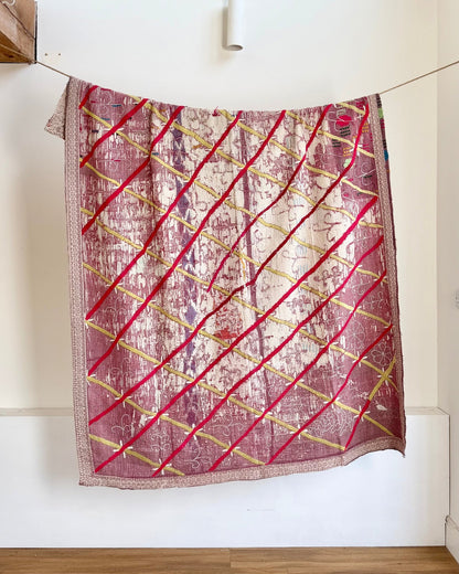 Embroidered Vintage Kantha Quilt in White and Pink - Biggs & Hill
