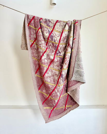 Embroidered Vintage Kantha Quilt in White and Pink - Biggs & Hill