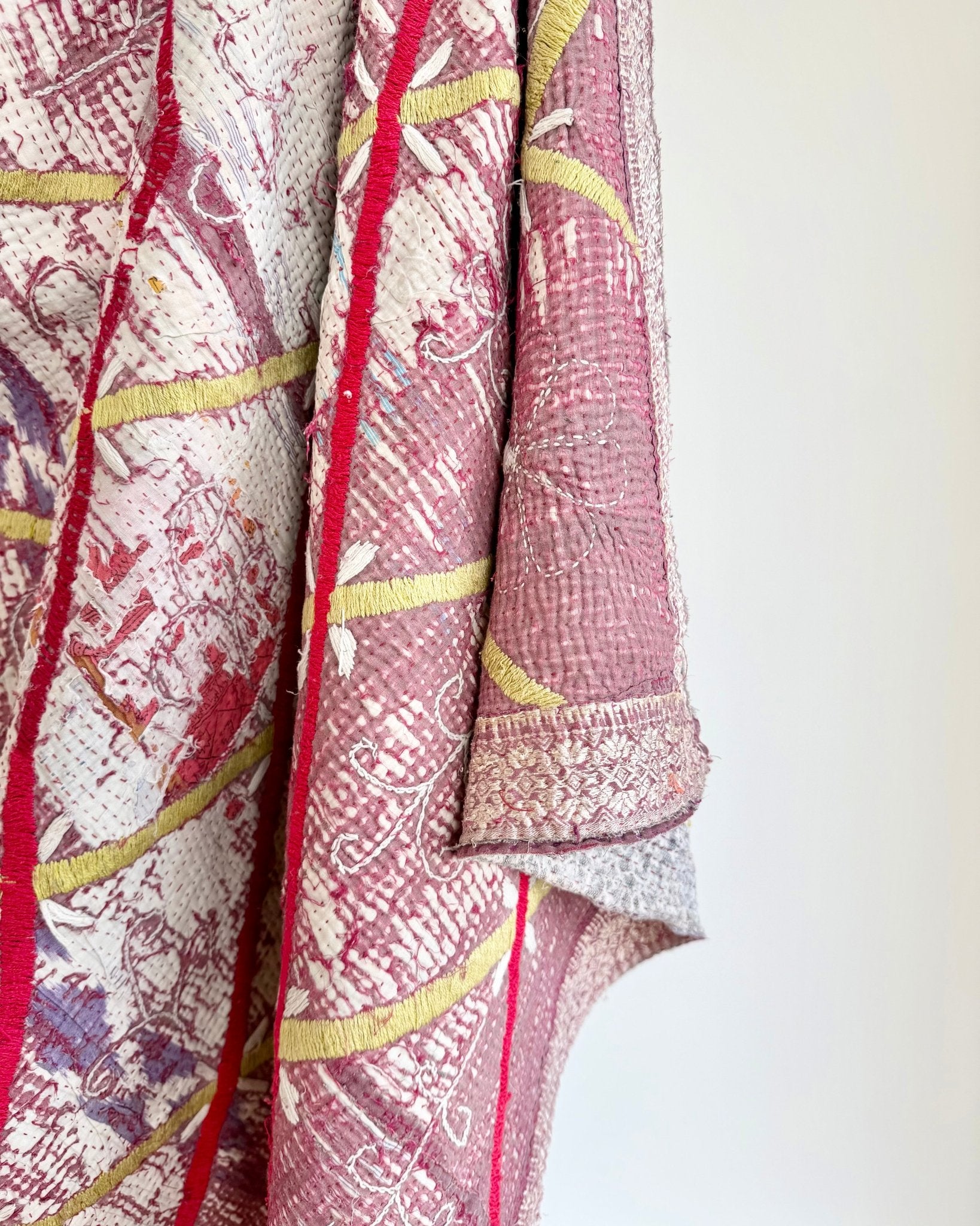 Embroidered Vintage Kantha Quilt in White and Pink - Biggs & Hill