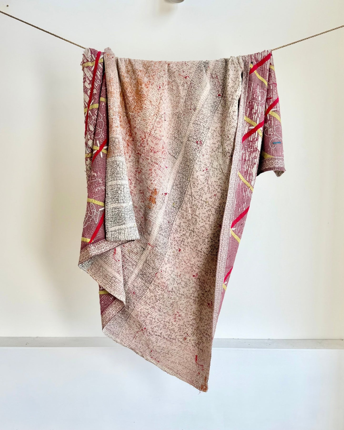 Embroidered Vintage Kantha Quilt in White and Pink - Biggs & Hill